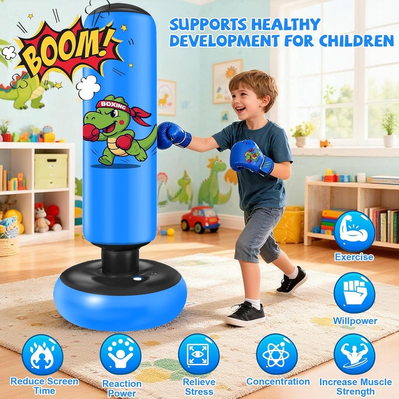 Qoosea Inflatable Punching Bag for Kids: 48 Inches Kids Punching Bags with Boxing Gloves & Air,Pump Blue Dinosaur Design Gift for Toddler & Kid Ages 3-10,Easy to Inflate,Durable Safe Punch Bag - Image 2